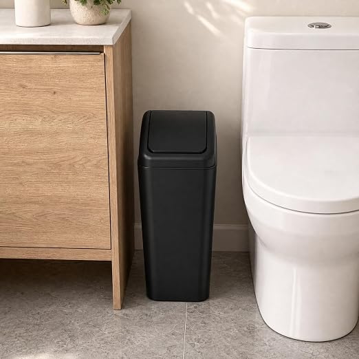 Slim Trash Can, 4.2 Gallon Black Swing Lid Garbage Bin | Space-Saving Narrow Design, Black Plastic, Swing-Top Cover Helps Contain Odors, for Bathroom, Bedroom, Office