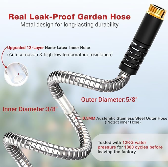 Lefree 25FT Metal Garden Hose with Upgraded Leak‑Proof Rubber Sleeve | Lightweight Kink‑Free, Stainless Steel Hose 25Ft x 5/8 in, 550 PSI, 10‑Pattern Nozzle for Patio, Backyard, Car Washing & Pet