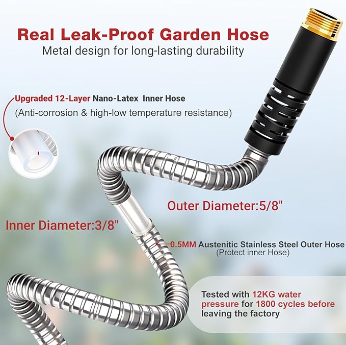 Lefree 100ft Metal Garden Hose with Upgraded Leak‑Proof Rubber Sleeve | Kink & Tangle Free, Flexible 5/8 in Water Hose for Stronger Water Flow, 550 PSI, Easy Store Hose for Yard, RV, Pet Bath