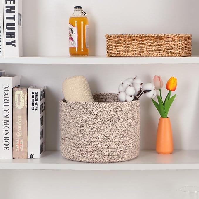 MiniArk Small Basket for Organizing | Cube Shelf Closet Storage Baskets | 9.7×9.7×7.1” | Woven Rope Gift Basket | Nursery | Round 3 Packs Mixed Brown