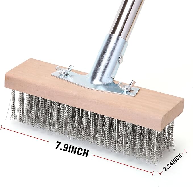 MAXMAN Wire Scrub Brush 2PCS, 63" Stainless Steel, Outdoor Patio Cleaning | 8" Brush Heads, Heavy Duty Large Wire Brush, Stiff Metal Bristle Floor Scrubber, Wire Broom for Deck, Concrete, Moss Removal