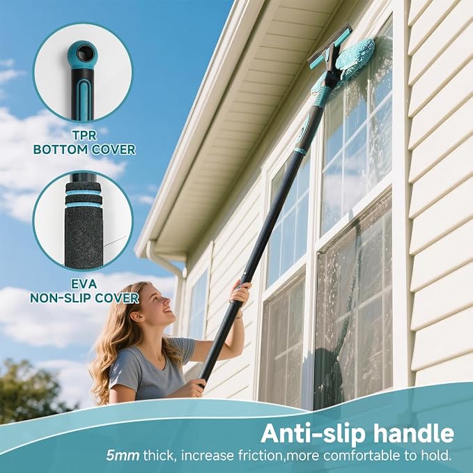 Buysenton Professional 2-in-1 Window Squeegee Cleaner Tool with 62" Extension Pole, Rotatable Bendable Head & Scrubber, Car Glass Cleaning Kit for Windows, Shower, Gas Station - 1 Blade 2 Scrubber