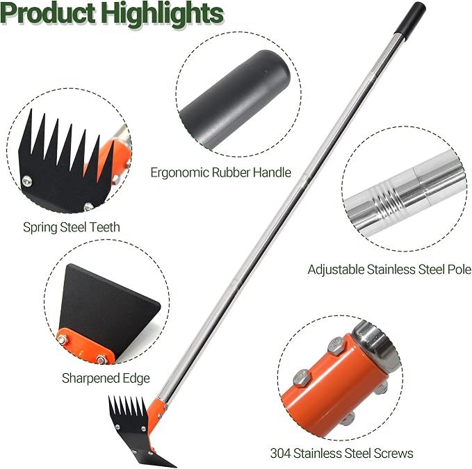 2-in-1 Garden Hoe and Weed Puller Rake 60 Inch Spring Steel Head | Adjustable Long Handle Weeding Tool Heavy Duty Sand Texture Finish, Weed Remover for Garden, Yard, Lawn, Driveway