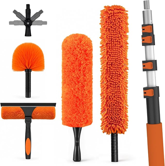 LAANPOLE 20FT High Reach Duster Cleaning Kit with Extension Pole, High Ceiling Fan Cleaner Duster Tool for Fan Blades, Window Washing Kit with Microfiber Feather Duster & Window Squeegee