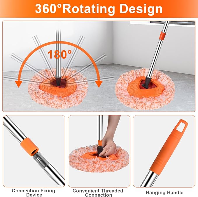 Wall Mop Set, 4 Mop Head + 87”Handle Dust Mop for Ceiling,Baseboard & Floor | Baseboard Cleaner Tool with Handle,360°Rotating Wall Cleaning Baseboard Tool,Wall Cleaner Mop for Ceiling Fan Cleaner Duster