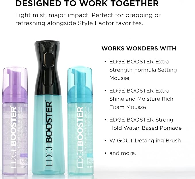 Style Factor Edge Booster Mist Spray Bottle for Hair (10.1oz/300ml) - Continuous Ultra Fine Mist Sprayer – For Hairstyling, Salons, Cleaning, Plants, Essential Oil & More - Light Blue