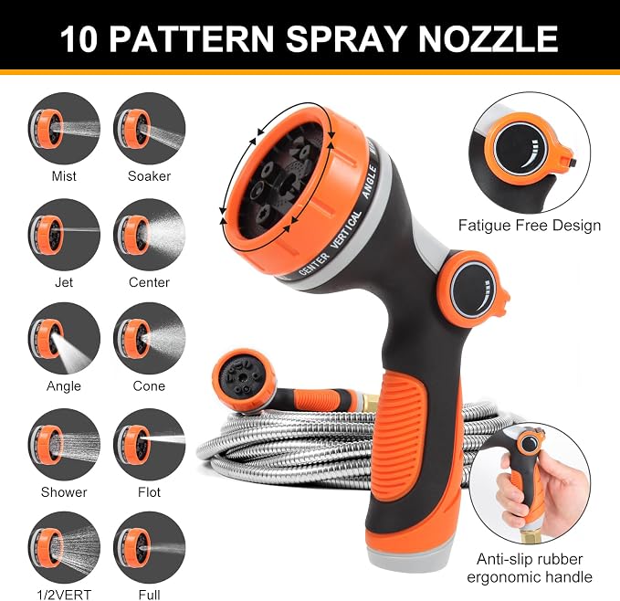 Metal Garden Hose 50 ft with 10 Function Sprayer Nozzle, Lightweight Stainless Steel Water Hose with 3/4" Solid Fittings, Flexible Kink Free Leak Proof for Yard, Patio, Outdoor & Car washing