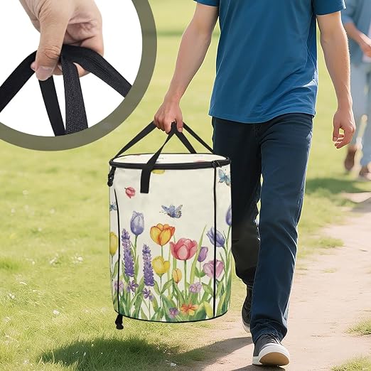 Tulip Butterfly Outdoor Collapsible Trash Can Lightweight & Easy to Carry Pop up Trash Can for Camping Foldable Waterproof Camping Essentials 24 Gal Yard Garden Garbage Bin