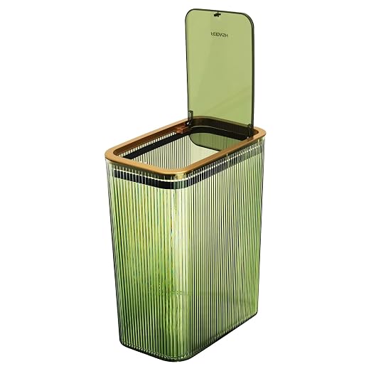 Bathroom Trash Cans with Lids, 2.6 Gallon (Green) | Garbage Can for Bedroom, Office, Plastic Slim Waste Basket with Press Top Lid, 10L Clear Trash Bin for Home, Kitchen