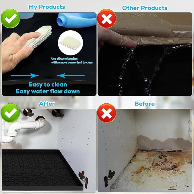 Under Sink Mat for Kitchen, Silicone Waterproof Liner, Flexible Organizer Tray with Drain Hole, 3.3 Gallons Capacity, Easy to Clean (Black, 34x22)