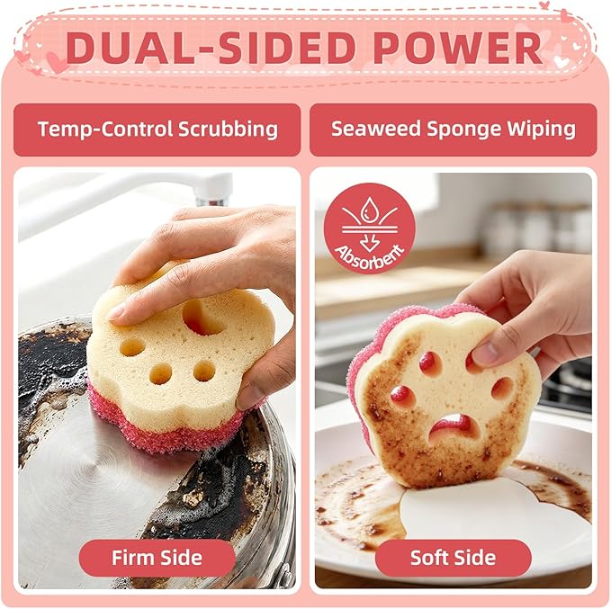 CLEANGOR 6Pcs Scrub Sponges, Dual-Sided Temperature-Controlled Dish Sponges | Scratch-Free, Easy to Clean, Kitchen Cleaning Sponges for Tough Stains, Delicate Surfaces, Glassware, Cookware, Appliances