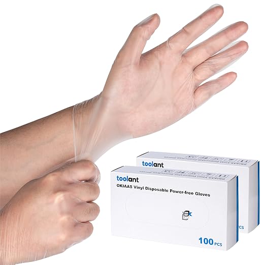 OKIAAS Clear Vinyl Disposable Gloves, Latex-Free, Powder-Free | Food Safe, Bulk of 200 Count Disposable Gloves for Food Prep, Cooking, Cleaning, Hair Dye, Kitchen
