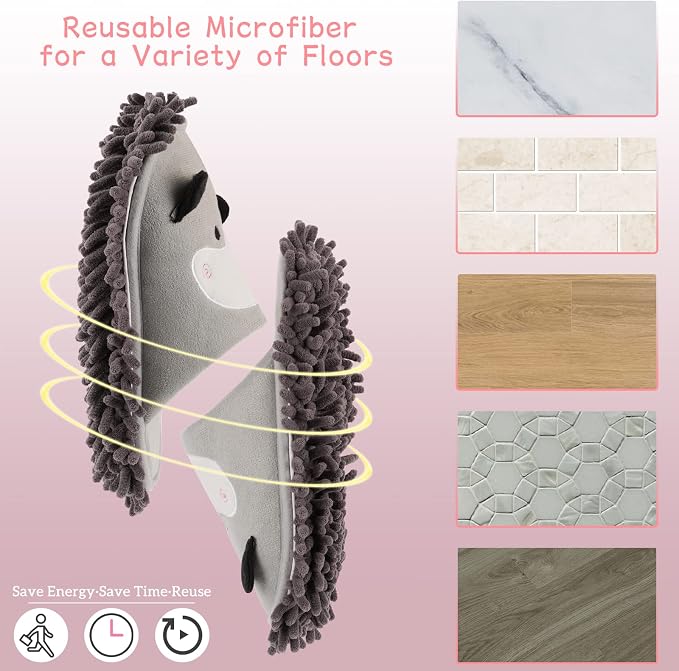 Detachable Dog Mop Slippers for Floor Dusting, Gray | Washable Microfiber Cleaning Slippers for Kitchen Room Office, Non Slip Mopping Slippers for Women