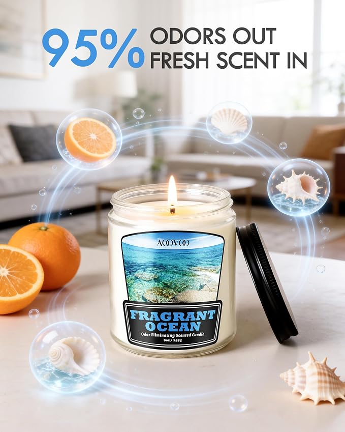 AOOVOO Fragrant Ocean Odor Eliminating Candle - 9 oz Non Toxic Soy Candle | Eliminates 95% of Smoke, Food, Pet and Other Smells Quickly, Up to 50 Hours Burn time, Highly Fragranced Air Freshing Candle