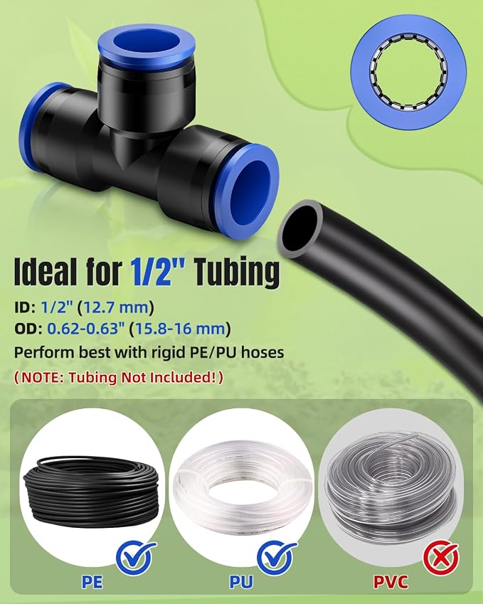 Pawfly 15 Pcs Quick Connect 1/2" Drip Irrigation Tee Fittings for 1/2 Inch Irrigation Tubing (1/2" ID x 0.62-0.63" OD), Push-to-Fit 3-Way Tee Connectors, Anti-Leak Drip Irrigation Parts