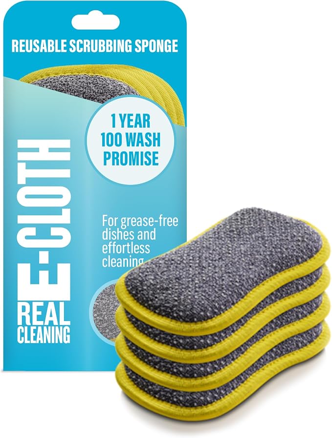 E-Cloth Washing Up Scrub Pad Sponge - Yellow, 4 Pack | Reusable & Durable Kitchen Sponge for Dishes & Sink, Non Scratch, Multi Purpose Scrubber, Machine Washable