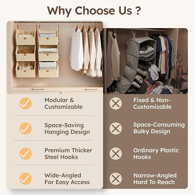 Collapsible Hanging Closet Organizer - 6 Tier Closet Shelves Storage System with Hooks, Fabric Hanging Storage Bins for Clothes, Foldable Storage Basket for Laundry, Bedroom, Rv, Beige