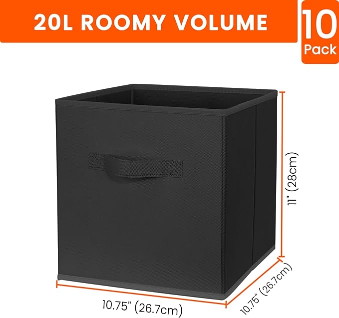 Storage Cubes, 11 Inch Clothes Storage Bins for Shelves Closet (10 Pack), Fabric Collapsible Storage Bins with Dual Handles, Cubby Storage Baskets for Magazines, Dorm Essentials (Black)