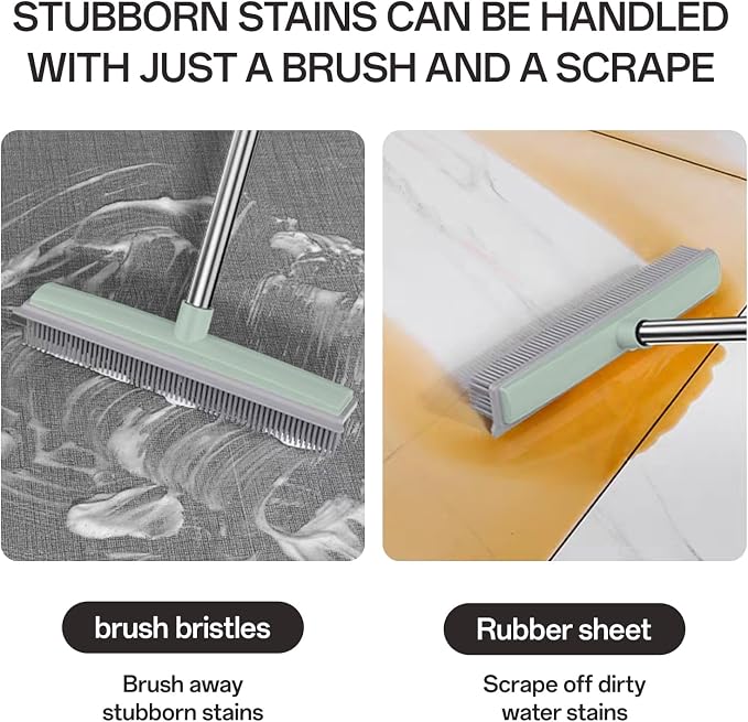 50" Carpet Rake Pet Hair Removal, Rubber Broom with Built-in Squeegee,Green | Multi-Surface Rubber Broom with Built in Squeegee Edge, Sweeps up Fur, Hair, and Debris on Tile, Wood, Vinyl, and Carpet