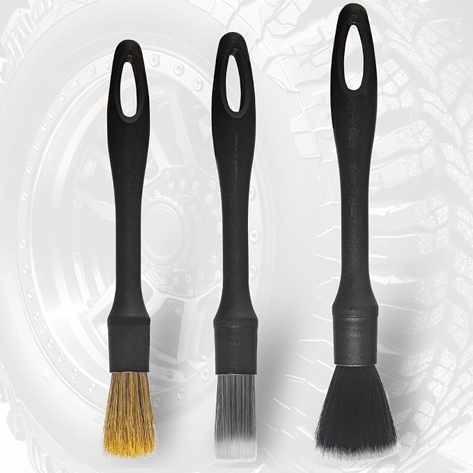 Detailing Brush Set, 3Pack Car Detailing Brushes for Dashboard Engine Bay Air Vents Leather Seat Wheel Vehicle Motorcycle Boars Hair Interior Detail Brush with Conversion Elbow, Black