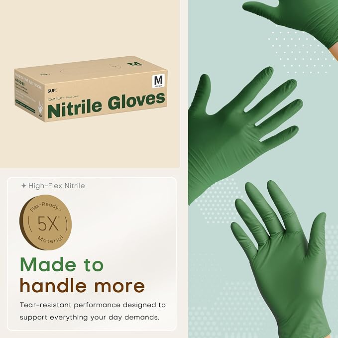 SUP Powder-Free Nitrile Exam Gloves, 100 Count Food Safe Latex-Free Disposable Gloves for Medical Lab Cooking Cleaning, Green