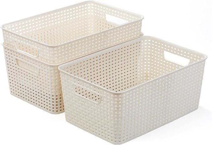 BINO | Plastic Storage Baskets, 13.5 Liter - 3 Pack, Natural | THE WOVEN COLLECTION | Storage Basket for Shelves | Woven Storage Baskets for Organizing Bins | Pantry Shelf Organizer | Container Bin