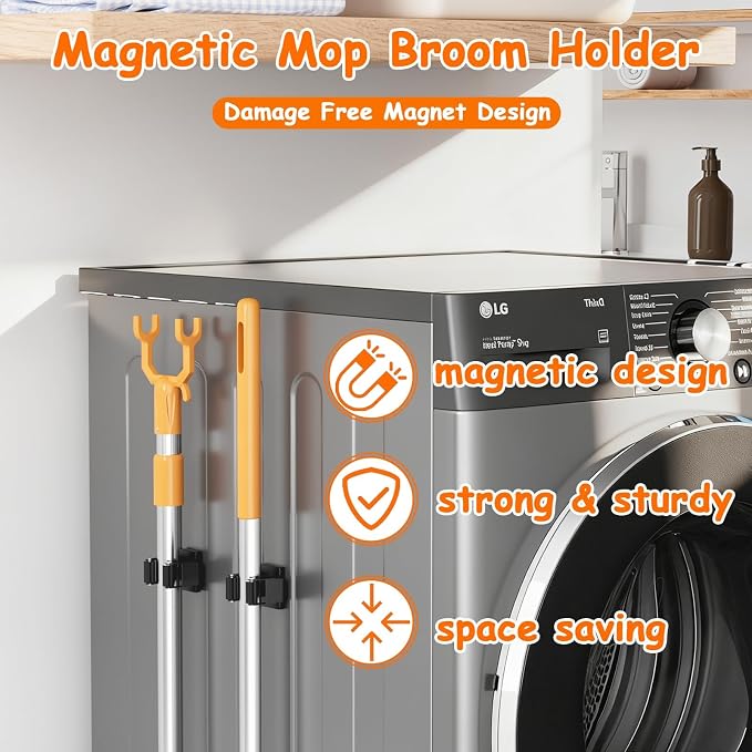 Strong Magnetic Mop Broom Holder, 2 Pack | Heavy Duty Magnetic Mop Hanger, For Refrigerators,Laundry Room Garage Kitchen Workshops
