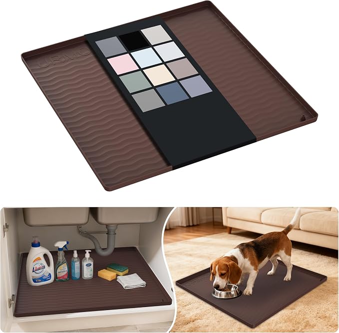 URMONA Waterproof Silicone Under Sink Mat 22'' x 22'' Shelf Liner for Kitchen and Bathroom, Cabinet and Counter Protector, Storage and Organizers, Litter Mat, Pet Cat Puppy Essentials(Brown)