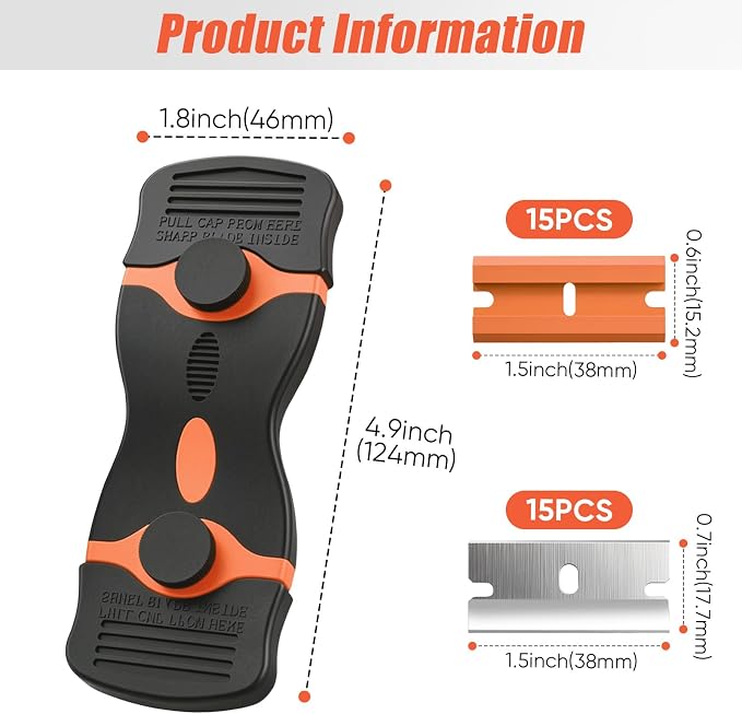 2 Pack Double-Ended Razor Blade Scraper, 30 Blades (Orange) | Multi-Purpose Tool for Glass, Cooktop, Sticker Removal, Paint & Gum Cleaning