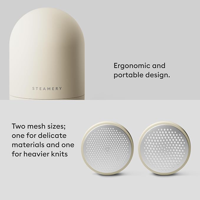 Steamery Pilo Icon Fabric Shaver for Clothes, Rechargeable Lint Remover & Sweater Shaver with USB-C, Replaceable Battery, Dual Mesh Covers, Large Shaving Surface, Scandinavian Design (Beige)