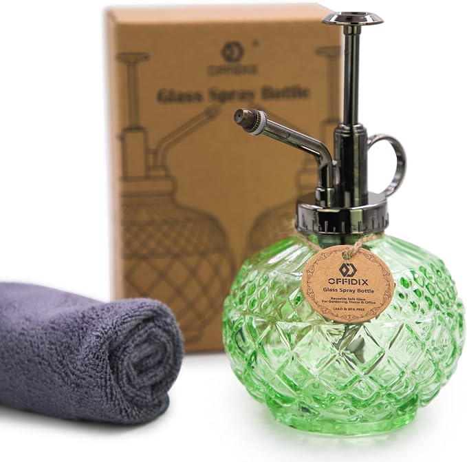 OFFIDIX Plant Mister, Green Glass Fine Mist Spray Bottle for Plants 10 oz | Glass Spray Bottles with Plastic Bronze Top Pump, Vintage 300ML Small Watering Can for Gardening, Cleaning Table Decorative