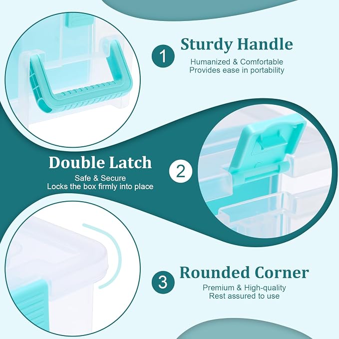 BTSKY Clear Plastic Dividing Storage Box with 4 Deep Compartment Sewing Box | 13.9x7.9x6.2 Inches Adjustable Storage Bin with Lid Portable Craft Storage Container Multipurpose Art Supply Organizer Blue