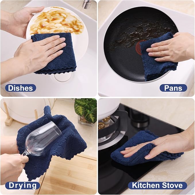 Homaxy 12 Pack Super Soft & Absorbent Dish Cloths, 10" x 10", Navy Blue | Coral Velvet, Nonstick Oil Fast Drying Microfiber Cleaning Cloth, No Lint Household Dishcloths