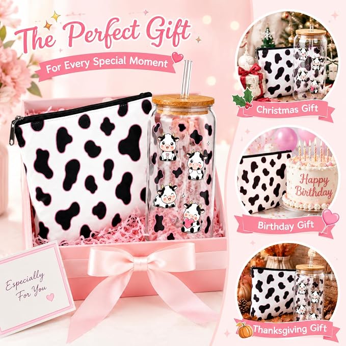 Cow Print Cup - Cow Tumbler with Lid and Straw, Cute Cow Water Bottle with Makeup Bag