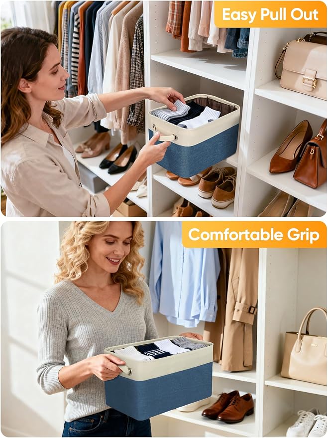 BALEINE 2 Pack Fabric Closet Storage Bins for Shelves, Linen Closet Organizers and Storage, Decorative Baskets for Organizing, Shelf, Clothes, Home, Office (Navy Blue, 15"x11"x9.5")