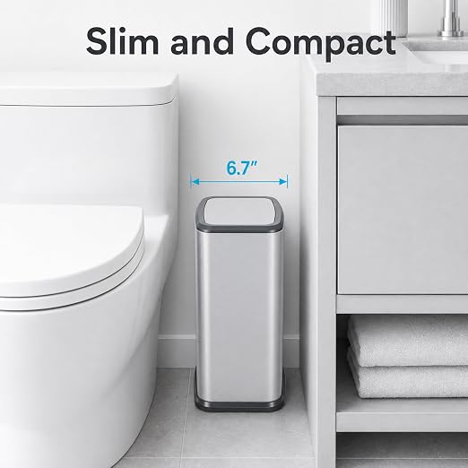 2.1 Gal Slim Bathroom Trash Can with Swing Lid, Rustproof Stainless Steel Small Garbage Can for Narrow Spaces & Toilet Side, Dog Proof Odor Control Waste Basket for Bedroom/Office, Silver