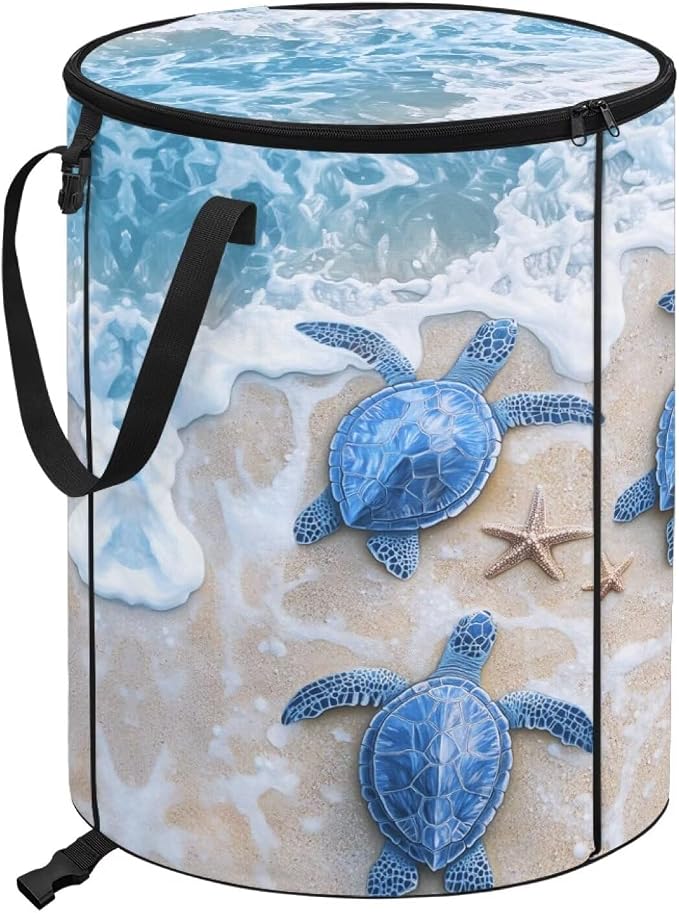 Beach Turtle Collapsible Trash Can – Portable Foldable Garbage Bin for Camping, Picnic, Beach Trips, Heavy Duty 24 Gallon Waterproof Outdoor Trash Bag Holder with Carry Handle