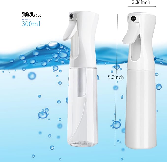 Misto Continuous Spray Bottle with Ultra Fine Mist - 10.1oz/300ml for Hair, Home Cleaning, Salons, Plants, Aromatherapy, and More - Hair Spray Bottle, Barber Accessories (2 Pack) (white)