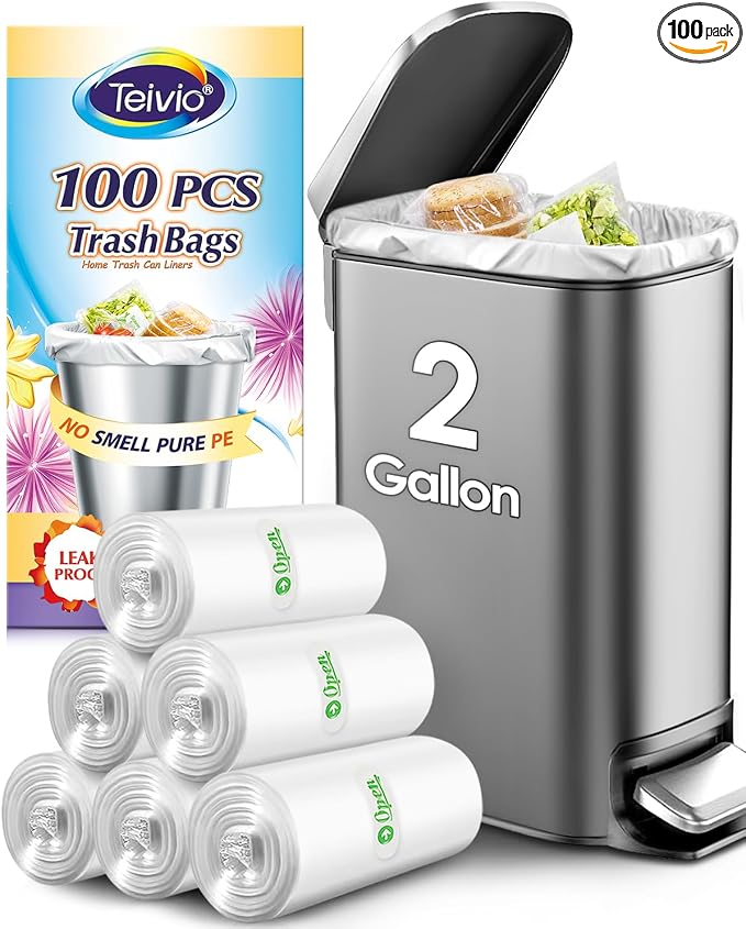 Teivio Small Clear Trash Bags 2 Gallon 100 Count Bathroom Garbage Bags | Fit 5-8 Liters,1.5,1.6,1.8Gal,Mini Plastic Waste Basket Bins Can Liners for Home Bathroom Office Car dog poop bags
