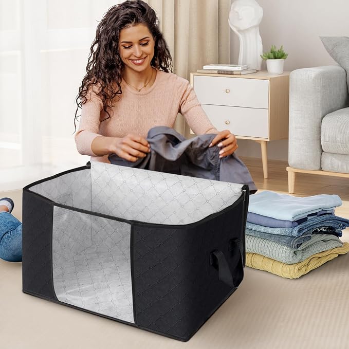 Fab totes 8 Pack Storage Bags for Clothes Blanket Storage Bins with Lids | Foldable Closet Organizers with Zippers,Window and Handles,Fabric Storage Bins for Sweater,Comforter,Bedding,Dorm essentials