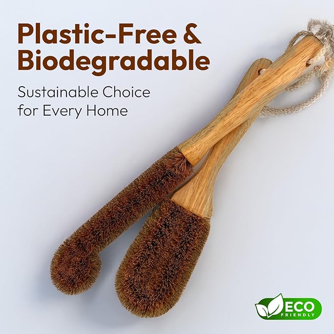 Eco-Friendly Kitchen Cleaning Brush (Twin Pack) - Wood Dish Brush with Coconut Fiber Bristles & Wooden Handle. Kitchen Brush for Bottles, Jars, Mugs, Glassware, and Cup Brush Cleaner