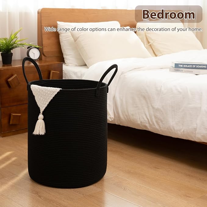 OIAHOMY 100L Nursery Hamper Laundry Basket Laundry Hamper Black | collapsible Blanket Basket Cotton Rope Woven Basket Dirty Clothes Hamper Baby Hamper Tall Clothes Hamper with Handles