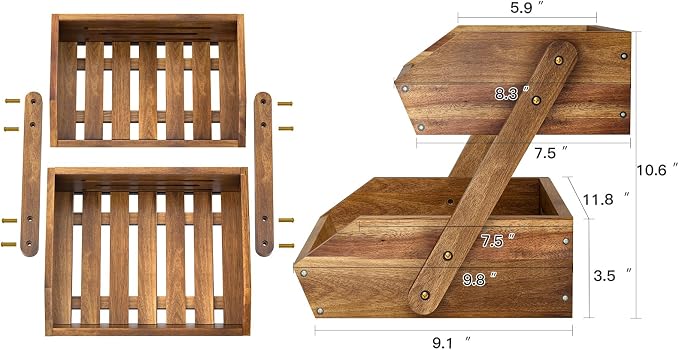 G.a HOMEFAVOR 2-Tier Acacia Wood Fruit Basket for Kitchen, Self-assembly | Large Fruit Bowl for Kitchen Countertop, Fruit Stand Storage Holder for Vegetables and Snack Home Organizer
