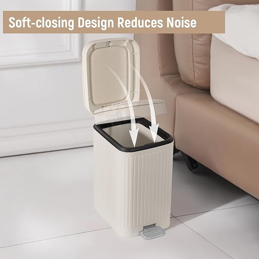 Small Bathroom Trash Can with Lid, 2.6 Gallon Slim Soft Close Step, Cream | Garbage Can with Pedal for Office, Bedroom, Kitchen & Living Room, Narrow Plastic Wastebasket Container for Small Spaces