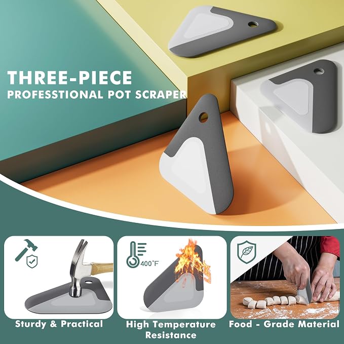 Food Scraper Dish Scraper for Cast Iron Skillets, Cookware, Pans and Pots | Nylon and Silicone, 2-in-1 Kitchen Scraper Tools, Pan Scraper, Heat resistant to 140 ℉, 3 Pack