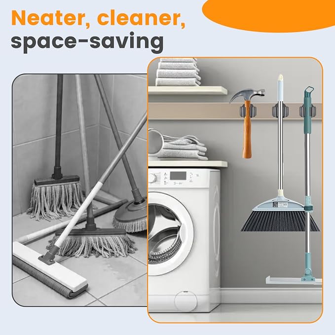 4 Pack Strong Magnetic Broom Holder, Black | No Drill, Heavy Duty Mop and Tool Organizer, Anti-Slip Rubber Grippers, Movable Wall Mounted Storage Rack