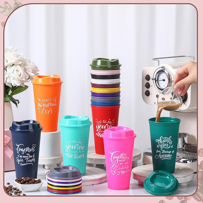 Pickmesh Housekeeping Employee Appreciation Gift Cup, Colorful, 15 Pcs | 16 oz Plastic Tumblers with Lids, Reusable Coffee Cups, Thank You Gifts, for Staff Volunteer Coworker Teacher