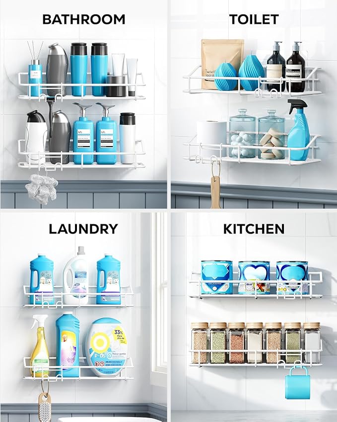 Nieifi Shower Caddy Adhesive, Shower Shelves, Shampoo Holder for Bathroom | Stainless steel, 2 pack, shower rack, shower organization, with hooks, rustproof, no drilling, razor holder, white