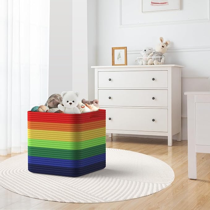 Storage Cotton Cubes 11 Inch, Woven Cotton Rope Storage Baskets for Toys Blanket Organizing, Storage Bins Decorative Organizer with Handles for Living Room Laundry Room Closet (3 Pack, Rainbow)