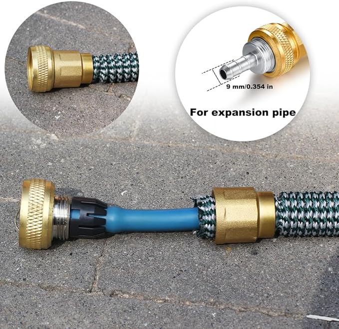 SIGURANTA Garden Expandable Hose Repair Kit, 0.354" Hose Barb Adapter | 3/4" GHT brass shut-off valves, repair parts for inner-tube expandable hoses to fix outdoor garden hose leaks quickly.